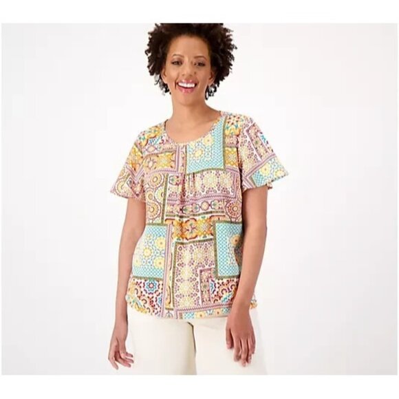 Denim & Co. Printed Blouse with Open Flutter Sleeve Top Melon Orange 2XS A602666 - Picture 1 of 2